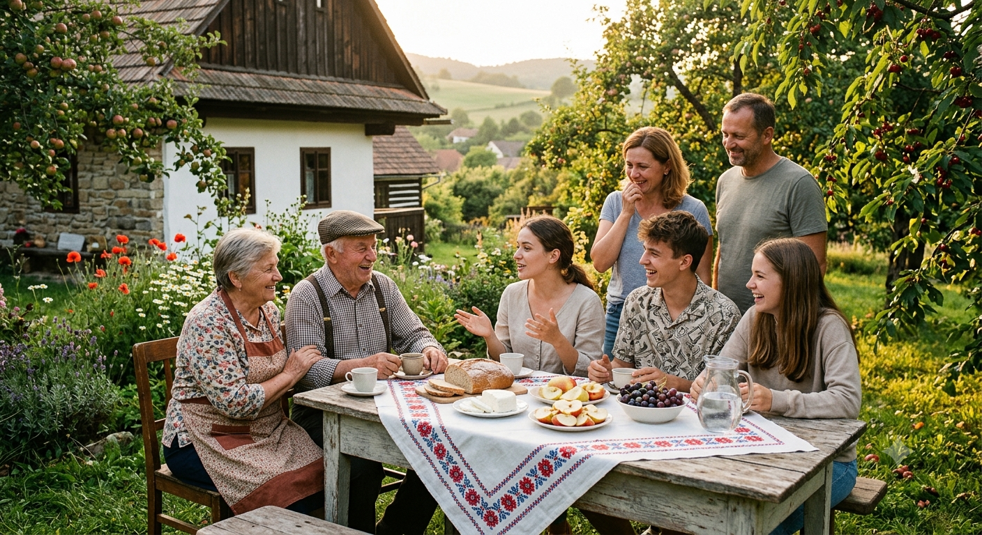 Grandparents and children laughing together around a wooden table