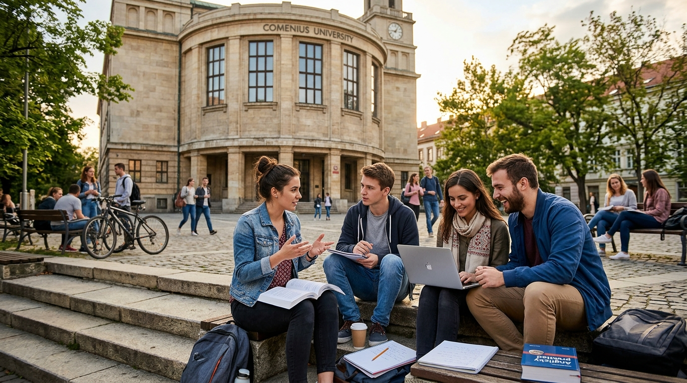 Group of students reviewing study materials outside Comenius University in Bratislava