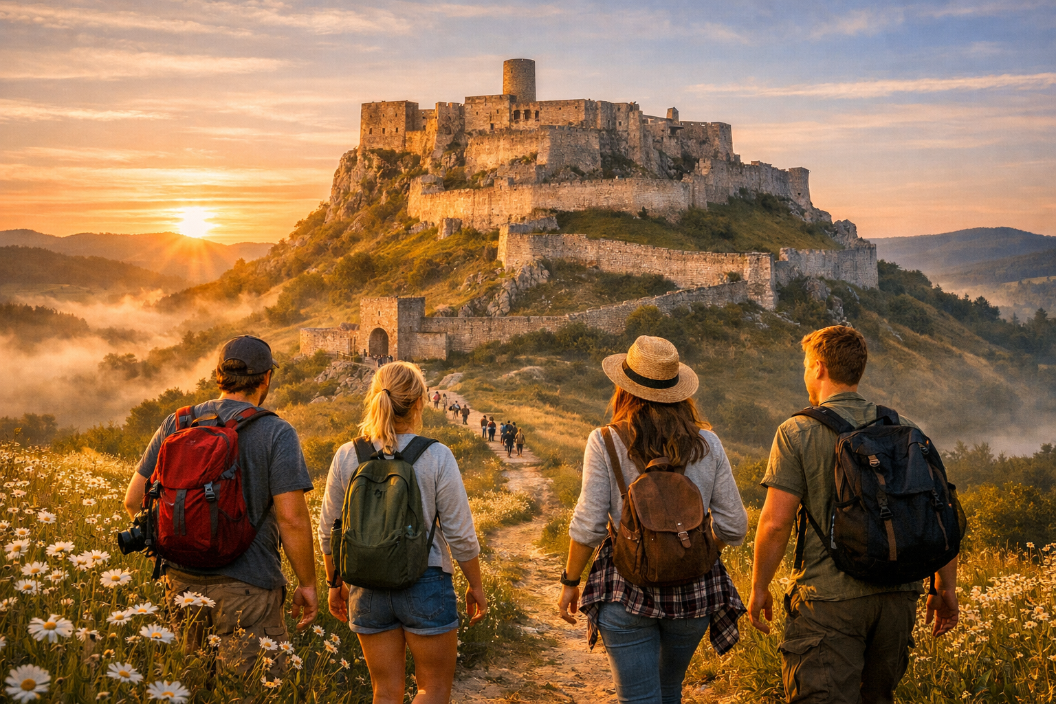 Panoramic view of Spiš Castle at sunset with mountains in the background