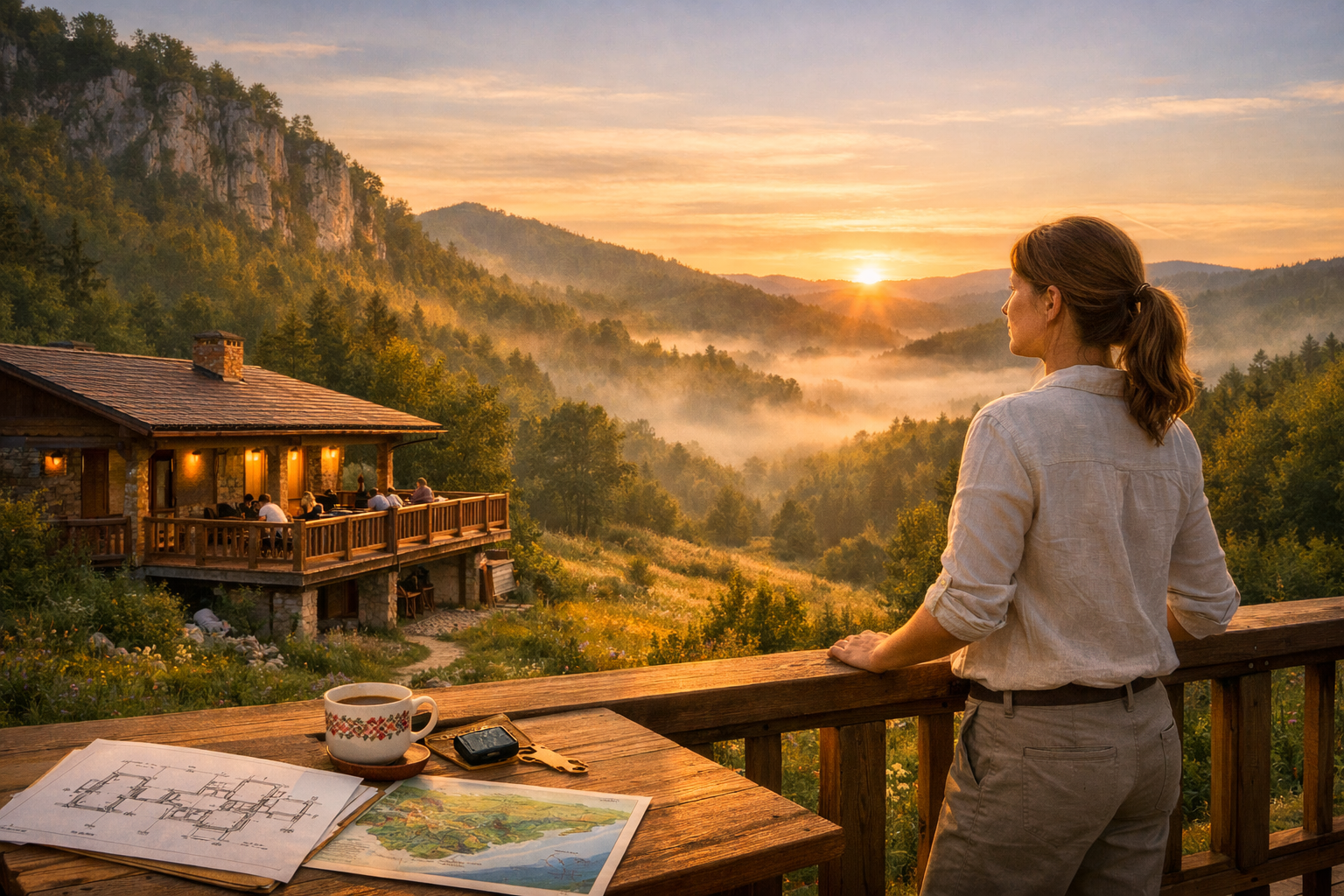 Slovak hotel owner looking over her busy terrace with panoramic views of the Gemer hills